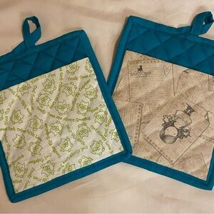 Teal and Beige Pot Holders Set with Cotton Handmade